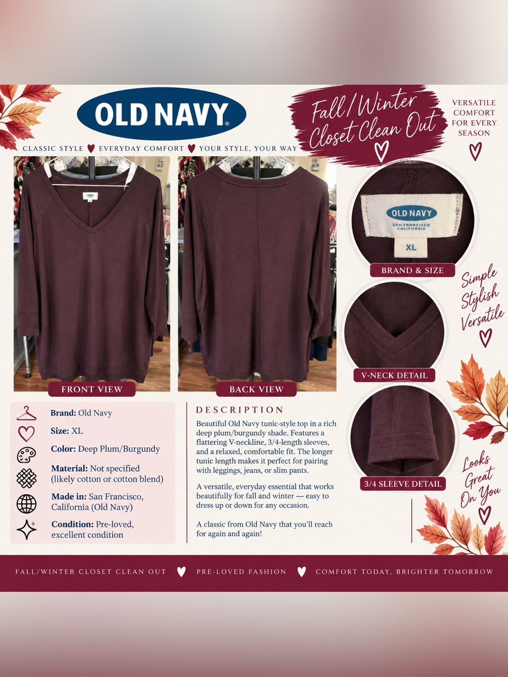 Old Navy Deep Plum V-Neck Tunic Top